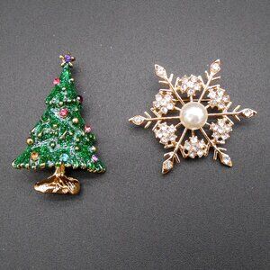 Brooch Set, Multi Color Austrian Crystal, Simulated Pearl, Snowflake and Tree